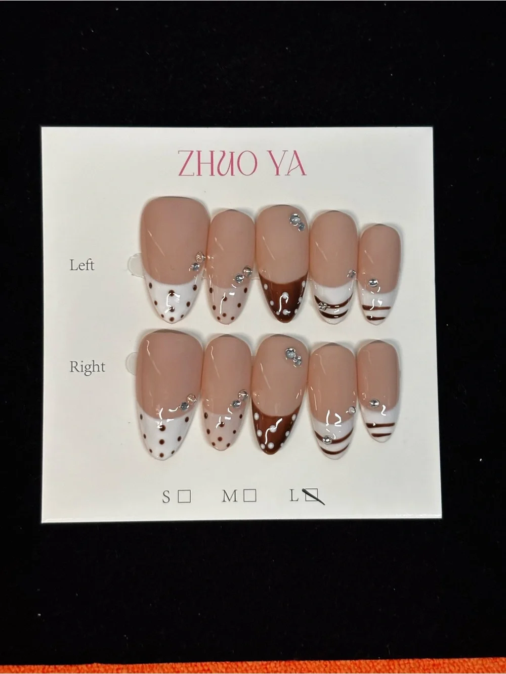 Nude & White Polka Dot Press-On Nails with Rhinestones